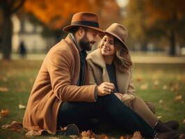 Loving couple is enjoying a romantic autumn day AI Generative photo