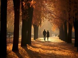 Loving couple is enjoying a romantic autumn day AI Generative photo