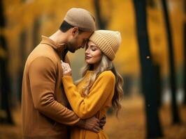 Loving couple is enjoying a romantic autumn day AI Generative photo