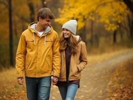 Loving couple is enjoying a romantic autumn day AI Generative photo