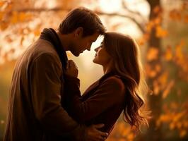 amoroso Pareja es disfrutando un romántico otoño día ai generativo foto