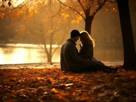 Loving couple is enjoying a romantic autumn day AI Generative photo