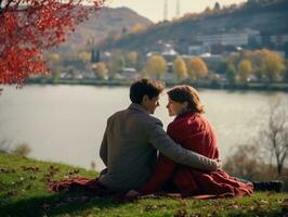 amoroso Pareja es disfrutando un romántico otoño día ai generativo foto