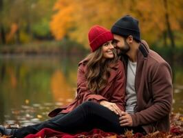 amoroso Pareja es disfrutando un romántico otoño día ai generativo foto