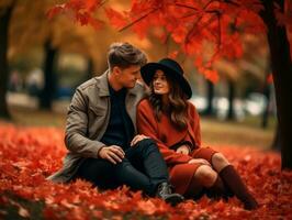 Loving couple is enjoying a romantic autumn day AI Generative photo