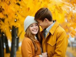 Loving couple is enjoying a romantic autumn day AI Generative photo
