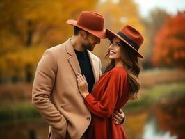 Loving couple is enjoying a romantic autumn day AI Generative photo