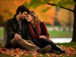 Loving couple is enjoying a romantic autumn day AI Generative photo