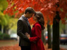 Loving couple is enjoying a romantic autumn day AI Generative photo