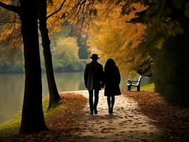 Loving couple is enjoying a romantic autumn day AI Generative photo