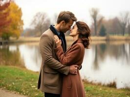 amoroso Pareja es disfrutando un romántico otoño día ai generativo foto