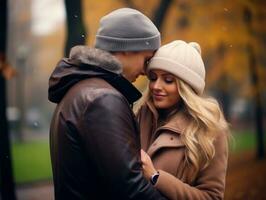 Loving couple is enjoying a romantic autumn day AI Generative photo