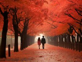 Loving couple is enjoying a romantic autumn day AI Generative photo