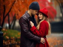 amoroso Pareja es disfrutando un romántico otoño día ai generativo foto
