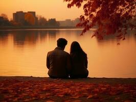 amoroso Pareja es disfrutando un romántico otoño día ai generativo foto