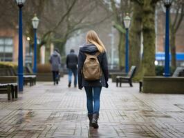 Woman enjoys a leisurely walk in the heart of the city AI Generative photo