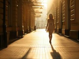 mujer disfruta un sin prisa caminar en el corazón de el ciudad ai generativo foto