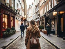 Woman enjoys a leisurely walk in the heart of the city AI Generative photo