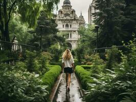 mujer disfruta un sin prisa caminar en el corazón de el ciudad ai generativo foto