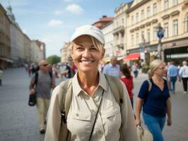 mujer disfruta un sin prisa caminar en el corazón de el ciudad ai generativo foto