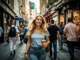 mujer disfruta un sin prisa caminar en el corazón de el ciudad ai generativo foto