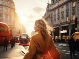 Woman enjoys a leisurely walk in the heart of the city AI Generative photo