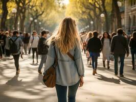 Woman enjoys a leisurely walk in the heart of the city AI Generative photo