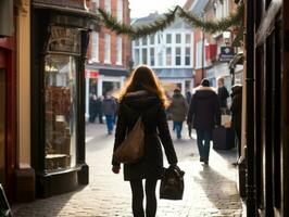 Woman enjoys a leisurely walk in the heart of the city AI Generative photo