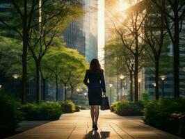mujer disfruta un sin prisa caminar en el corazón de el ciudad ai generativo foto