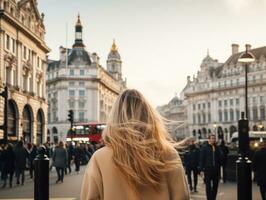 Woman enjoys a leisurely walk in the heart of the city AI Generative photo