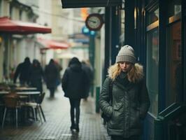 mujer disfruta un sin prisa caminar en el corazón de el ciudad ai generativo foto