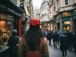 mujer disfruta un sin prisa caminar en el corazón de el ciudad ai generativo foto