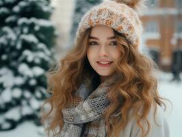 mujer disfruta un sin prisa caminar en el invierno día ai generativo foto