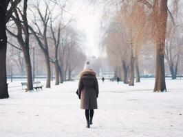 Woman enjoys a leisurely walk in the winter day AI Generative photo