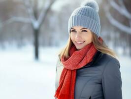 Woman enjoys a leisurely walk in the winter day AI Generative photo