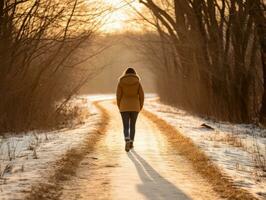 mujer disfruta un sin prisa caminar en el invierno día ai generativo foto