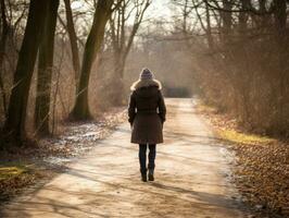 mujer disfruta un sin prisa caminar en el invierno día ai generativo foto