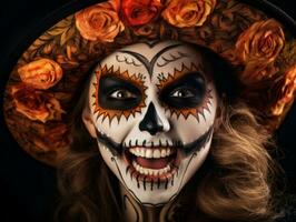 mujer en vibrante Calavera maquillaje celebra el día de muerto ai generativo foto