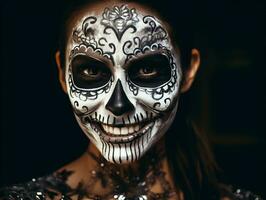 Woman in vibrant calavera makeup celebrates the Day of Dead AI Generative photo