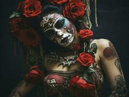 mujer en vibrante Calavera maquillaje celebra el día de muerto ai generativo foto