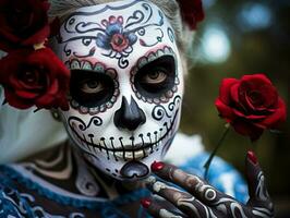 mujer en vibrante Calavera maquillaje celebra el día de muerto ai generativo foto