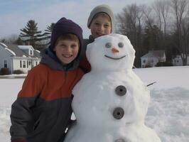 Kids building a snowman in winter day AI Generative photo