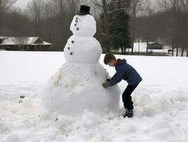 Kids building a snowman in winter day AI Generative photo