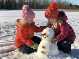 Kids building a snowman in winter day AI Generative photo