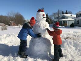 Kids building a snowman in winter day AI Generative photo