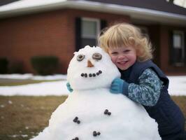 Kids building a snowman in winter day AI Generative photo