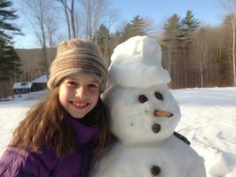 Kids building a snowman in winter day AI Generative photo