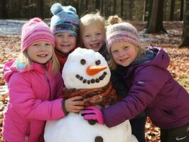 Kids building a snowman in winter day AI Generative photo