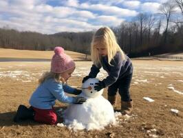 Kids building a snowman in winter day AI Generative photo