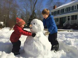 Kids building a snowman in winter day AI Generative photo